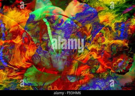 Abbildung eines farbigen Schmetterlings mit Blume, Mischtechnik, abstrakte Farbe Hintergrund Stockfoto