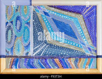 abstrakte handbemalten blauen geometrischen Muster von Acrylfarben in lackierten Holzrahmen Stockfoto