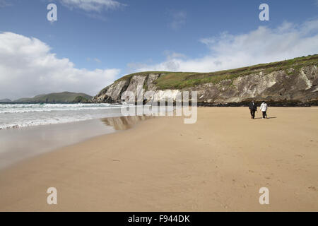 Leute, die an einem langen Sandstrand an der Westküste von Irland - Coumeenoole Strand bei Dunmore Head, County Kerry, Irland. Stockfoto
