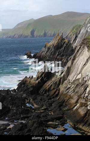 Felsen an der Ostküste Irlands bei Dunmore Head auf der Dingle Halbinsel mit dem Blasket Inseln im Hintergrund. Stockfoto