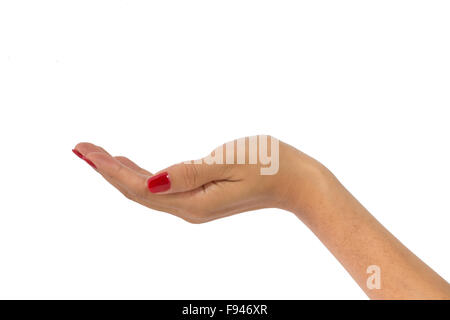 Zarte Frauenhand mit roten Fingernägeln hält nichts auf weißem Hintergrund Stockfoto
