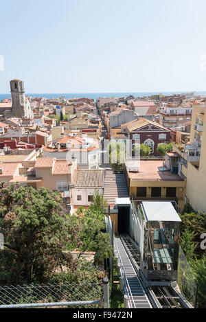 Standseilbahn zum Parc del Castell, Malgrat de Mar, Costa del Maresme, Provinz Barcelona, Katalonien, Spanien Stockfoto