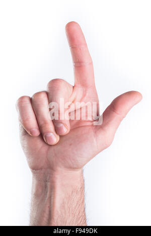 Die Hand des Menschen Mimik Pistole auf weißem Hintergrund Stockfoto