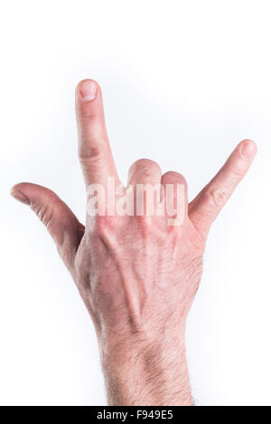 Mannes hand geschlossen Hörner auf weißem Hintergrund Stockfoto