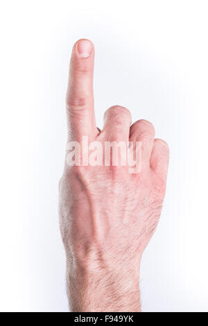 Mannes mimischen Handnummern auf weißem Hintergrund Stockfoto