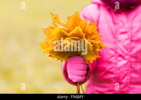 Nahaufnahme von Mädchen mit Ahorn Blätter Haufen im freien Stockfoto