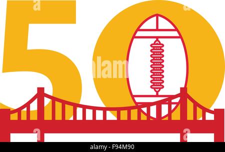 Abbildung zeigt Zahl 50 mit American Football und golden Gate Bridge mit für die Profi-Football-Meisterschaft am isolierten weißen Hintergrund. Stock Vektor