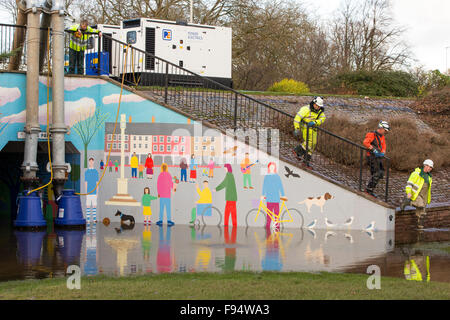 Umweltagentur Mitarbeiterstamm Hochwasser von Catherine Hardwicke Zirkus in Carlisle, Cumbria auf Dienstag, 8. Dezember 2015, nach sintflutartigen Regen Sturm Desmond Abpumpen. Der Sturm setzen einen neuen britischen Rekord für Rainfsll Summen an einem Tag mit 341,4 mm in 24 Stunden fallen. Stockfoto