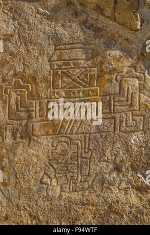 Mexiko, Oaxaca, Monte Alban, Sternwarte schnitzen Darstellung Eroberungen Stockfoto