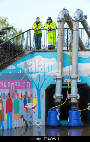 Umweltagentur Mitarbeiterstamm Hochwasser von Catherine Hardwicke Zirkus in Carlisle, Cumbria auf Dienstag, 8. Dezember 2015, nach sintflutartigen Regen Sturm Desmond Abpumpen. Der Sturm setzen einen neuen britischen Rekord für Rainfsll Summen an einem Tag mit 341,4 mm in 24 Stunden fallen. Stockfoto