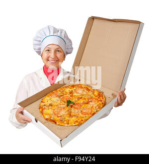 Köchin mit hausgemachte Pizza. Isoliert auf weißem Hintergrund Stockfoto