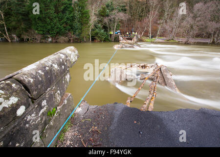 Pooley-Brücke, die den Fluss Eamont unter Ullswater überspannt hatten die Elemente standgehalten, da wurde es im Jahre 1764 gebaut, aber es war kein Spiel für Sturm Desmond und wurde völlig zerstört. Foto auf Dienstag, 8. Dezember 2015, mit British Telecom Ingenieure versuchen, Kommunikation auf die andere Seite wiederherstellen, nachdem sie von der Brückeneinsturz geschnitten wurden. Der Sturm setzen einen neuen britischen Rekord für Rainfsll Summen an einem Tag mit 341,4 mm in 24 Stunden fallen. Stockfoto