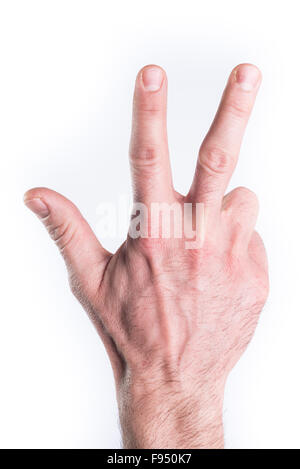 Mannes mimischen Handnummern auf weißem Hintergrund Stockfoto