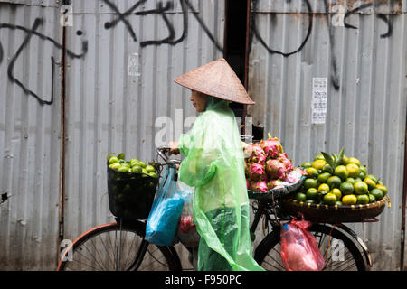 Vietnamesische Dame Frau mit Obst vom Rad in Hanoi old Quarter, Vietnam, Asien Stockfoto