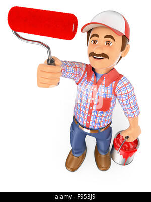3d arbeiten Menschen. Maler malen Mit Pinsel roller. isoliert weißer Hintergrund. Stockfoto