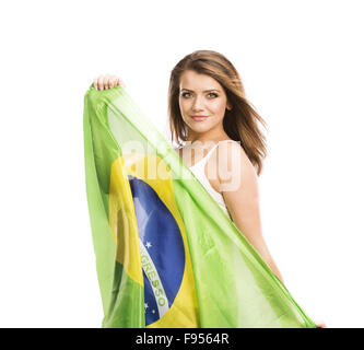 Schöne weibliche Sportfan mit brasilianischen Flagge isoliert auf weißem Hintergrund Stockfoto