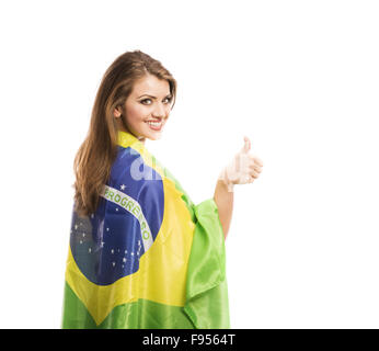 Schöne weibliche Sportfan mit brasilianischen Flagge isoliert auf weißem Hintergrund Stockfoto