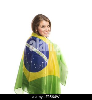 Schöne weibliche Sportfan mit brasilianischen Flagge isoliert auf weißem Hintergrund Stockfoto