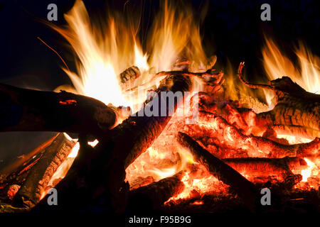 Freudenfeuer, Lagerfeuer brennen Gartenabfälle in der Nacht. Stockfoto