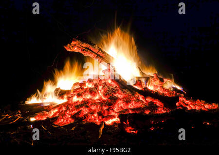 Freudenfeuer, Lagerfeuer brennen Gartenabfälle in der Nacht. Stockfoto