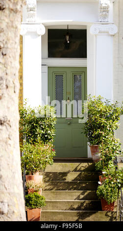 Hammersmith, London. Haustür zu einem Haus in einer Wohnstraße in Hammersmith. Schritte bis zur Tür mit Topfpflanzen gefüttert. Stockfoto