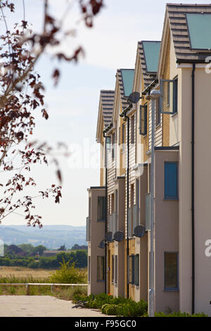 Stockmoor Dorf, Bridgwater durch Henry Davidson Entwicklungen Ltd. Seitenansicht des Stockmoor Dorf, Siedlung von außen. Ausblick in die Ferne. Stockfoto