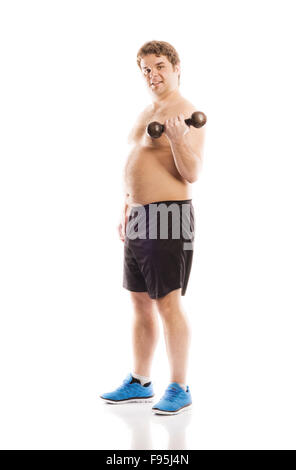 Fett Fitness Mann posiert im Studio auf weißem Hintergrund. Stockfoto