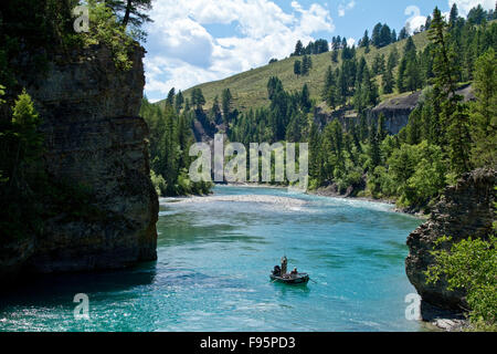 Mittelalterlichen Mann Fliegenfischen auf Bull Fluss mit Guide Rudern Fischerboot, Osten Kootenays, BC, Kanada. Stockfoto