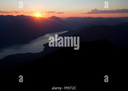 Slocan See, Valhalla Berge, West Kootenay, Selkirk Berge, Slocan Valley, Sonnenuntergang, New Denver, British Columbia, Kanada Stockfoto