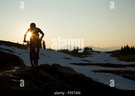 Mountainbiken, Frisby Ridge, Monashee Mountains, Revelstoke, Britisch-Kolumbien, Kanada, Sonnenuntergang, Stockfoto