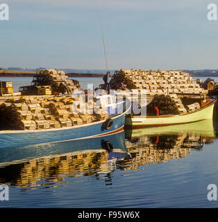 Hummerfallen und Hummer Boote am Kai bereit für die Einstellung Tag, North Rustico, Prince Edward Island, Canada Stockfoto