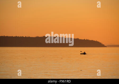 Kajakfahrer im Sonnenuntergang, Powell River, British Columbia, Kanada Stockfoto