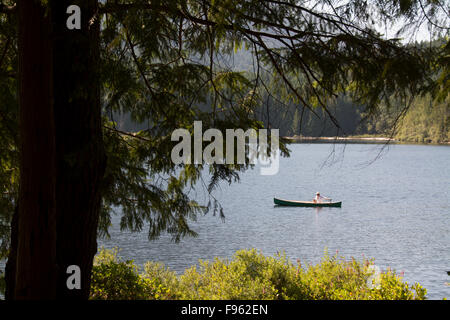 Mann Kanu Angeln auf Klein-See in der Nähe von Egmont, Sunshine Coast, Britisch-Kolumbien, CanadaBritish-Kolumbien, Kanada Stockfoto