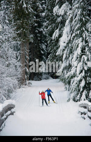 Langläufer Maria Lundgren und Akiko Clarke skate-Routen im Lost Lake Park in Whistler, BC Stockfoto