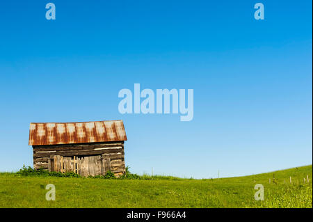 Einem alten Schuppen sitzt alleine auf einem grasbewachsenen Hügel auf der Niagara-Schichtstufe in der Nähe von Primrose, Ontario, Kanada Stockfoto