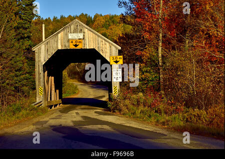 Ein front-End-Ansicht der ikonischen gedeckte Holzbrücke überspannt die Trout Creek in Urney in der Nähe von Poly Berg New Brunswick Kanada Stockfoto