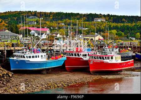 Eine horizontale Landschaftsbild der bunten Fischerboote Ostküste gefesselt auf der Werft in Alma New Brunswick bei Ebbe. Stockfoto