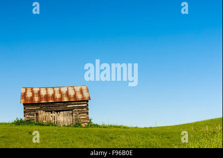 Einem alten Schuppen sitzt alleine auf einem grasbewachsenen Hügel auf der Niagara-Schichtstufe in der Nähe von Primrose, Ontario, Kanada Stockfoto