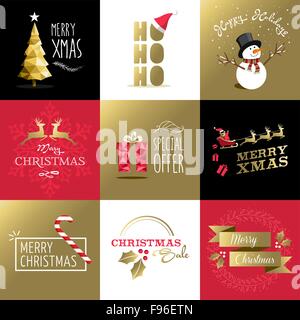 Frohe Weihnachten-Retro-Style-Design in gold Farben festgelegt, umfasst Grußkarten-Designs, Beschriftungen, Verkauf Illustrationen und Urlaub Stock Vektor