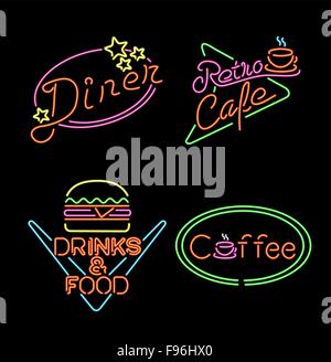 Retro-Neon-Licht-Set, Vintage Zeichen und Symbole für Lebensmittel-Geschäft, Kaffee, Hamburger, Restaurant, Diner. EPS10 Vektor. Stock Vektor