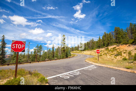 Stopp-Schilder an der Seite einer leeren Straße. Stockfoto