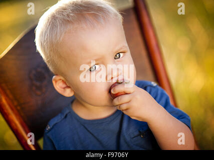 Niedlichen kleinen Jungen auf Stuhl sitzend und einen roten Apfel zu essen, im grünen park Stockfoto