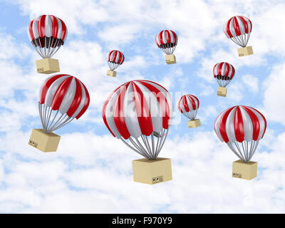 3D Render-Illustration. Kartons. Fallschirm-Paket Lieferung Konzept. Stockfoto