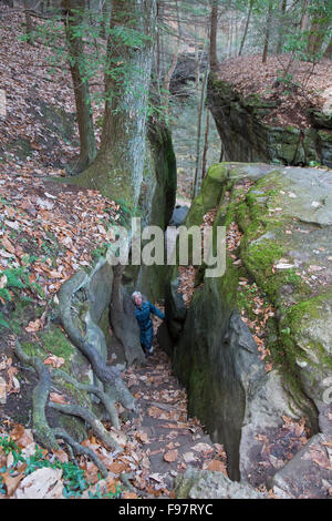 Logan, Ohio - Susan Newell, 66, Wanderungen im Bereich Cantwell Cliffs im Hocking Hills State Park. Stockfoto