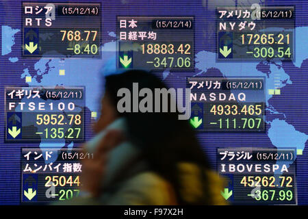 Montag. 14. Dezember 2015. Ein Fußgänger geht eine elektronische Schild mit dem Schlusskurs des Nikkei stock Durchschnitt außerhalb einer Partnerbörse in Tokio am Montag, 14. Dezember 2015. Der Nikkei-Index für 225-Ausgabe beendet 347,06 Punkte oder 1,80 Prozent auf 18,883.42, eine sechswöchigen Schließung gering. © Shingo Ito/AFLO/Alamy Live-Nachrichten Stockfoto