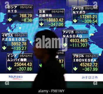 Montag. 14. Dezember 2015. Ein Fußgänger geht eine elektronische Schild mit dem Schlusskurs des Nikkei stock Durchschnitt außerhalb einer Partnerbörse in Tokio am Montag, 14. Dezember 2015. Der Nikkei-Index für 225-Ausgabe beendet 347,06 Punkte oder 1,80 Prozent auf 18,883.42, eine sechswöchigen Schließung gering. © Shingo Ito/AFLO/Alamy Live-Nachrichten Stockfoto