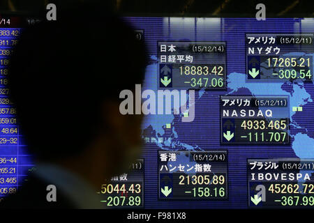 Montag. 14. Dezember 2015. Ein Fußgänger geht eine elektronische Schild mit dem Schlusskurs des Nikkei stock Durchschnitt außerhalb einer Partnerbörse in Tokio am Montag, 14. Dezember 2015. Der Nikkei-Index für 225-Ausgabe beendet 347,06 Punkte oder 1,80 Prozent auf 18,883.42, eine sechswöchigen Schließung gering. © Shingo Ito/AFLO/Alamy Live-Nachrichten Stockfoto