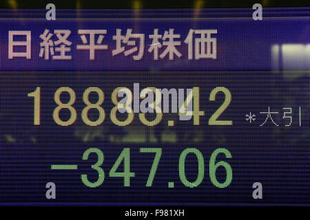 Montag. 14. Dezember 2015. Ein Fußgänger geht eine elektronische Schild mit dem Schlusskurs des Nikkei stock Durchschnitt außerhalb einer Partnerbörse in Tokio am Montag, 14. Dezember 2015. Der Nikkei-Index für 225-Ausgabe beendet 347,06 Punkte oder 1,80 Prozent auf 18,883.42, eine sechswöchigen Schließung gering. © Shingo Ito/AFLO/Alamy Live-Nachrichten Stockfoto