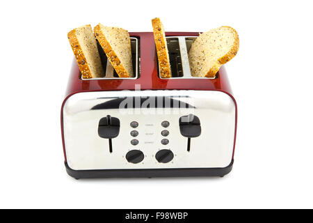 Moderne Toaster mit Brotscheiben auf weißem Hintergrund Stockfoto