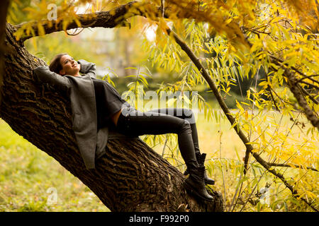 Oung Frau ruht auf dem Baum Stockfoto